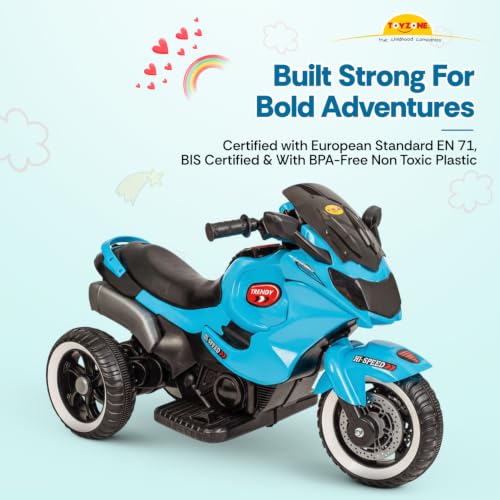 Image of Toyzone Trendy Electric Bike (Blue) | 6V Rechargeable Bike for Kids with 4.5Ah Battery | LED Lights, Music, MP3 /USB /BT | Smooth Acceleration | 6M Battery Warranty | Age 2-8 Years, Up to 35kg