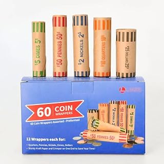 L LIKED Preformed Coin Roll Wrappers (60 Assorted) -12 Quarters, 12 Pennies, 12 Nickels 12 Dimes and 12 Dollars (60 pcs)