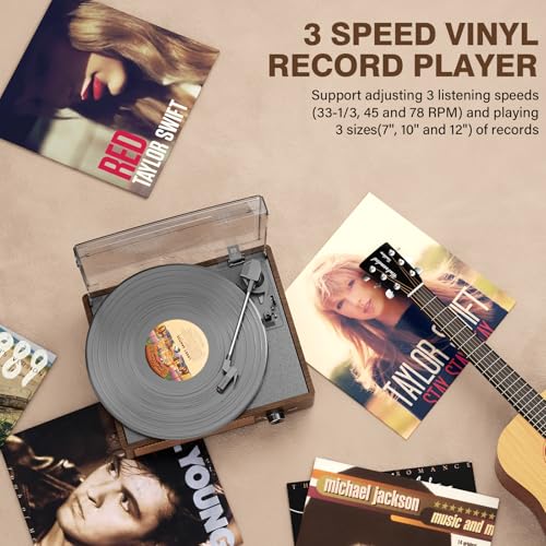 Image of Bluetooth Vinyl Record Player,3-Speed Turntable with Stereo Speakers Vintage Phonograph Record Player, with RCA Line Out AUX in Headphone Jack Coffee Wood
