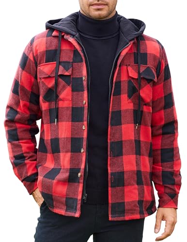 COOFANDY Herren Karierte Jacke Hemdjacke Holzfäller Jacke Gefüttert Hoodie Langarm Flanellhemd Winterjacke Baumwolle Arbeitsjacke Oberhemden mit Kapuze Hellrot S