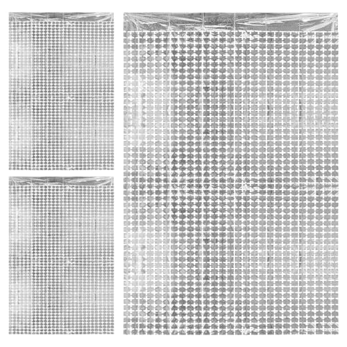 3Pcs Silver Shimmer Wall Backdrop 3.3x6.6 Feet Square Foil Curtain Backdrops Silver Streamer Backdrop for Birthday Wedding Disco Bachelorette Party Graduation Holiday Celebration Party Decorations