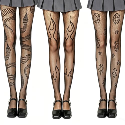 YANGSHINE 3 Paare Halloween Fischnetze Strümpfe Schädel Spinnennetz Hohe Taille Mesh Strumpfhosen Strümpfe Schwarze Fischnetz Strumpfhosen für Frauen Farbe#2