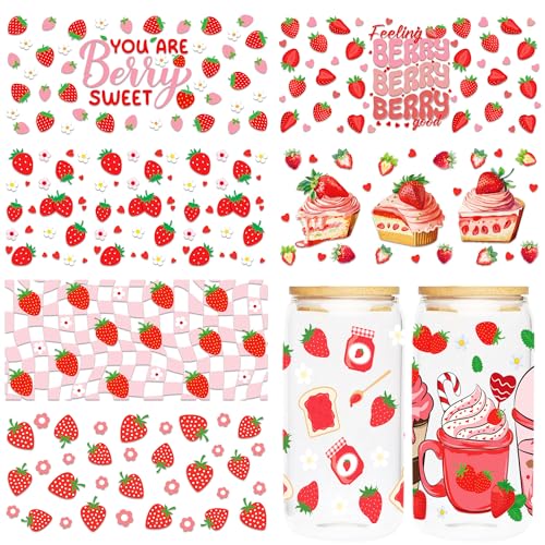 UV DTF Cup Wrap Transfer - 8 Sheet Strawberry UV DTF Cup Wraps for 16 OZ Glass Tumbler, Strawberry Cake Drink Style UVDTF Cup Wraps, Waterproof Rub on Transfer, DIY Craft for Fruit Lovers