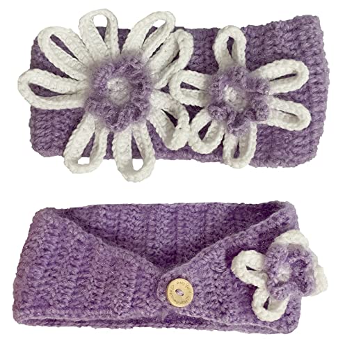 BIBITIME 3 Flowers Headband Women Lady Handmade Knitted Button Closure Hairband (One Size for Adult, Purple)