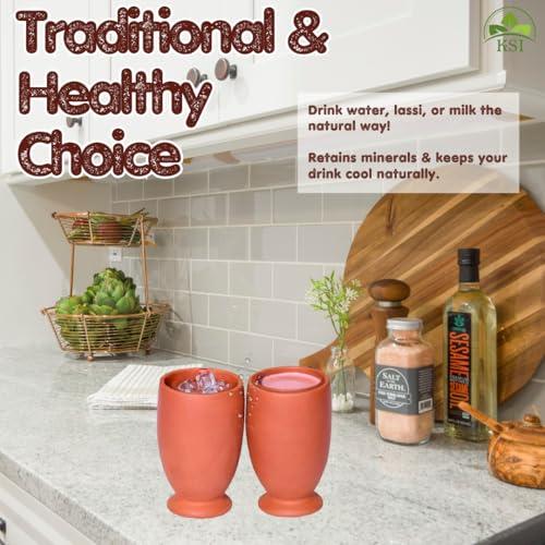 Image of KSI Earthen Clay Water Glass Set of 2 | 375 ml Mitti Drinking Glasses for Water Lassi Milk Coffee | Traditional Terracotta Drinkware | Reusable Kitchen Tableware
