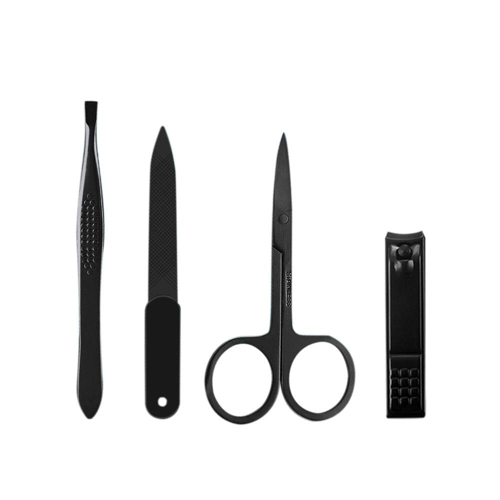 JJmooer4pcs/set Nail Cutter Set Nail Clipper Black Stainless Steel Scissors Eyebrow Tweezers Nail Cutting Trimmer Nail File Leather Bag