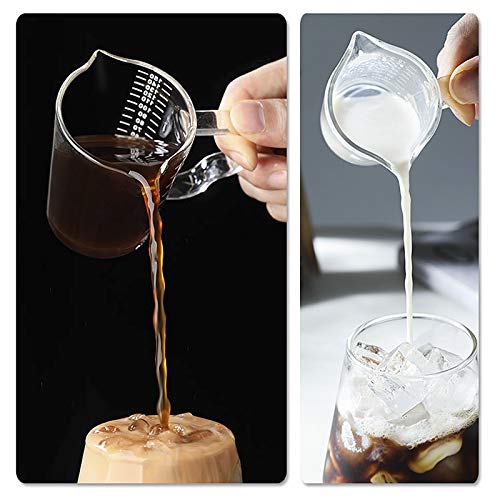 Taza de vidrio medidor de vidrio de 150 ml (5 onzas) Taza de leche redonda de vidrio graduado con mango de vino, cóctel, bebida, coctelera, pareja, jarras de escamas transparentes para café, leche, té Cover