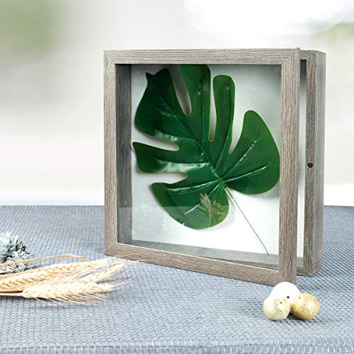 Image of Muzilife 11x11 Shadow Box Picture Frame with Linen Board Wood Glass Deep Display Case Ready to Hang Memory Box Baby Sports Memorabilia, Awards, Medals, Wedding, Tickets, and Photos (Texture Gray)