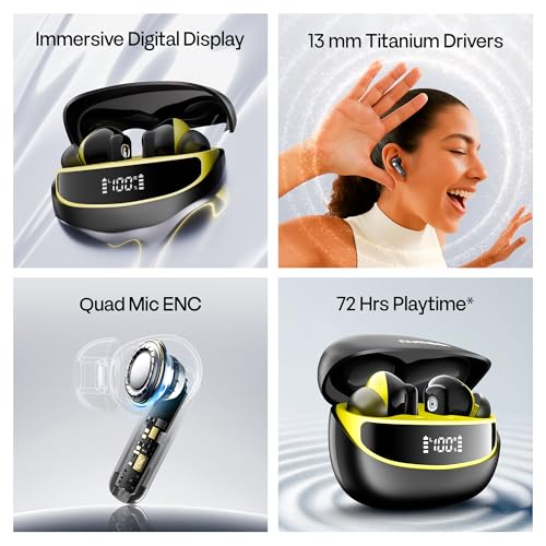 Image of Number Navo Buds Z1 TWS Earbuds | 72H Playtime | Digital Display Case | Quad-Mic ENC | Dual Pairing | Hi-Bass 13mm Drivers | Quick Charge | 35ms Low Latency | IPX5 | Touch Controls | (Summer Black)
