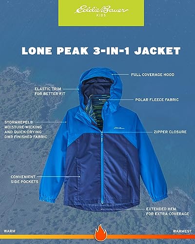 Eddie Bauer Boys' Rain Jacket - Lone Peak Waterproof 3-In-1 Insulated Windbreaker Coat With Removable Fleece Lining (5-20), Size 10-12, Nautical Blue #TOP1