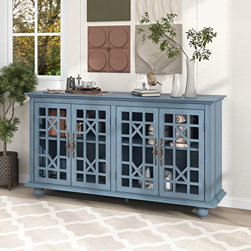 Knocbel Vintage Entryway Console Table Buffet Sideboard With Tempered Glass Doors, Adjustable Shelves And Metal Handles, Entry Hallway Foyer Table Storage Cabinet Cupboard (Antique Teal Blue) #TOP16
