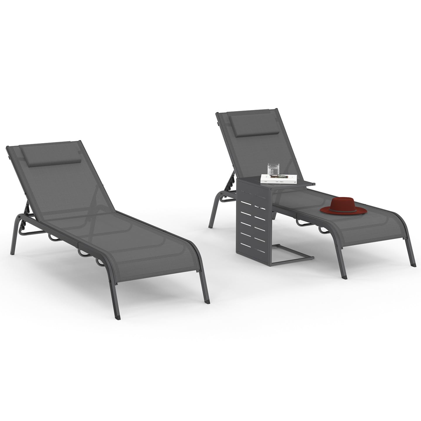 IDMarket - Juego de 2 tumbonas de jardín reclinables Bora con mesa auxiliar modular de acero gris antracita y lona gris