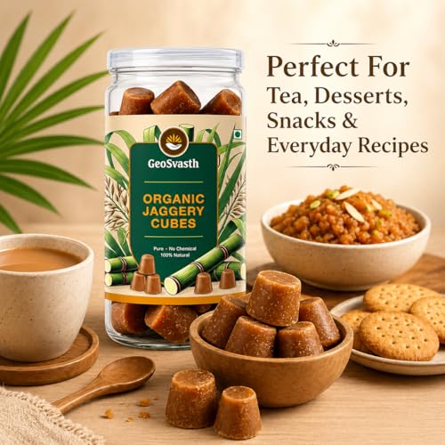 Image of Geosvasth Organic Jaggery Cubes | Unrefined & Nutrient Rich Gud |Preservative Free | Desi Gol,Gur, Vellam, Sharkara Bellam | Healthy Sugar Substitute, Iron Boosting | Traditionally made 600g Pack of 2 (600g x Pack of 3)