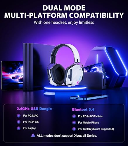 Image of Vakedy Wireless Gaming Headset for PS5, PS4, PC, 2.4GHz Low-Latency & Bluetooth 5.4 Gaming Headphone with Noise Canceling Mic, 50mm Drivers, 50H Battery Wireless Headset for Switch, Mobile, Mac