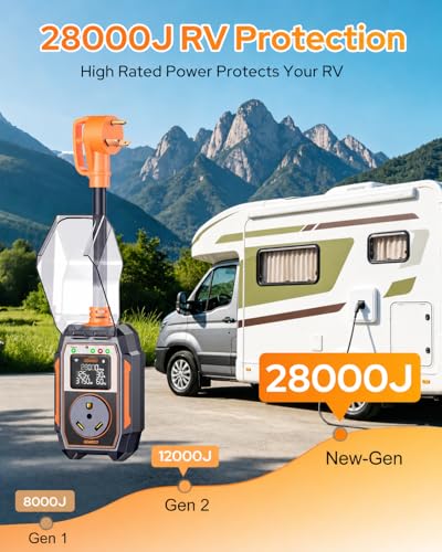 Image of GEARGO 2026 ๐๐ฅ๐ฅ-๐๐๐ฐ RV Surge Protector 30 Amp 28000 Joules, Larger LED Display๏ผRV Circuit Analyzer with Smart App & Bluetooth, IP68 RV Adapter Plug for Camper Travel Trailers