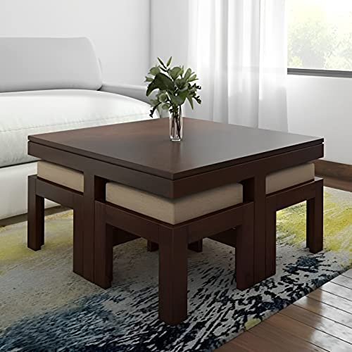 Image of Loonart Solid Sheesham Wood Coffee Table with Four Cushioned Stools | Idel for Living Room | Cafe| Restaurant | Space Saving Indoor Table Set | Finish Color - Walnut Finish | Beige Cushion |
