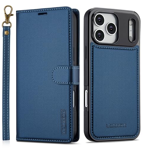 iPhone 17 Pro用ジェネリックケース(カラー:ブルー) プレミアムレザーウォレット磁気バックケース 取り外し可能