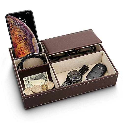 BROGBUS Men Accessories Organizer Leather Valet Tray Nightstand or Dresser Organizer for Wallet, Phone, Keys, Jewellery, Money 5 Slot Storage Compartment Box – Brown Colour