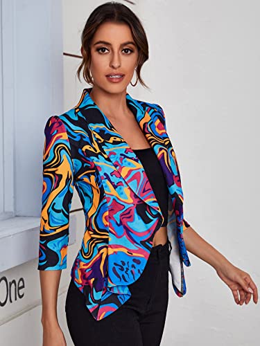 WDIRARA Women's Printed Open Front 3/4 Sleeve Blazer Ruffle Jacket Outerwear3