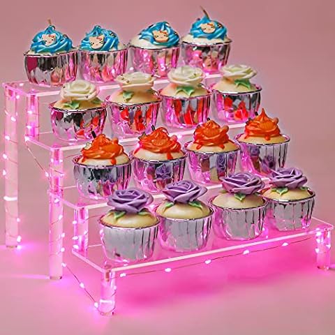 Acrylic Riser Display Stand, Clear 4 Tier Shelf For POP Firgures, Cupcake Stand with Pink Led Light for Party, Display Shelves Stand for Desserts, Food,Comestics,Drinks, Spices Cover