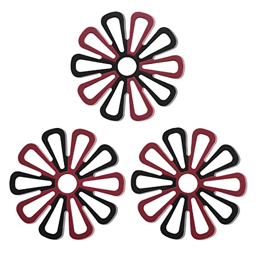 Silicone Trivet Mat Set of 3, GUANCI Hot Pot Holder Hot Pads for Table & Countertop Set Non-Slip & Heat Resistant Kitchen Hot Pads for Pots & Pans(Black and Red)