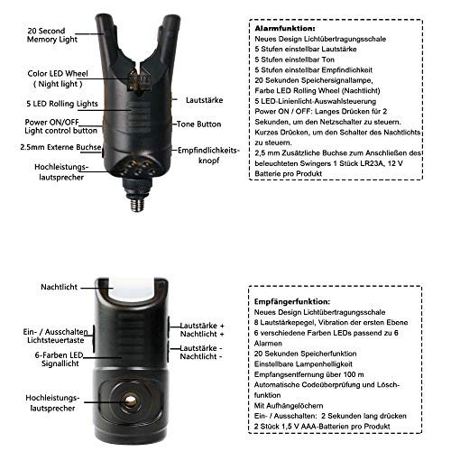 CarpOn-Drahtloser-Funk-Bissanzeiger-Set-4-Bissanzeiger-1-Empfaenger-mit-einstellbaren-Funktionen-von-Lautstaerke-Ton-und-Empfingdlichkeit
