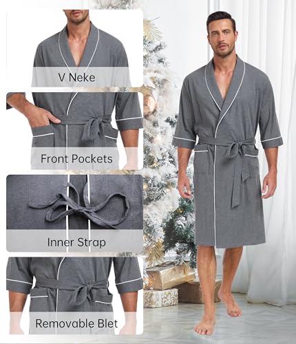 Image of COLORFULLEAF 100% Cotton Men's Bathrobes Summer Kimono Short Sleeve Lightweight Soft Breathable Spa Robe for Men