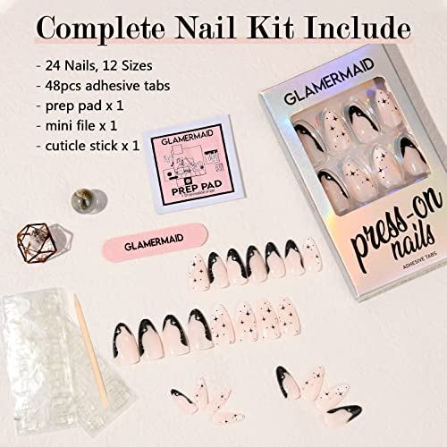 French Tips Short Almond Press On Nails, Stars Nature Fake Nails With Design Medium Oval Glue On Nails For Women Reusable False Nail Kits Static Nails Full Cover By Glamermaid, 24Pcs #TOP2