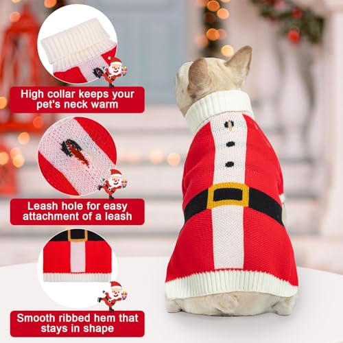 Image of BEAUTYZOO Dog Christmas Sweater for Small Medium Dogs Girls Boys, Dog Santa Claus Costume Outfits with Hat & Leash Hole, Turtleneck Knitted Pullover Xmas Puppy Sweaters Cold Weather Clothes, Red S