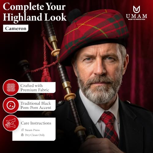 Image of Scottish Tam O' Shanter Hat Tartan Bonnet Pom Pom Wool Flat Cap One Size