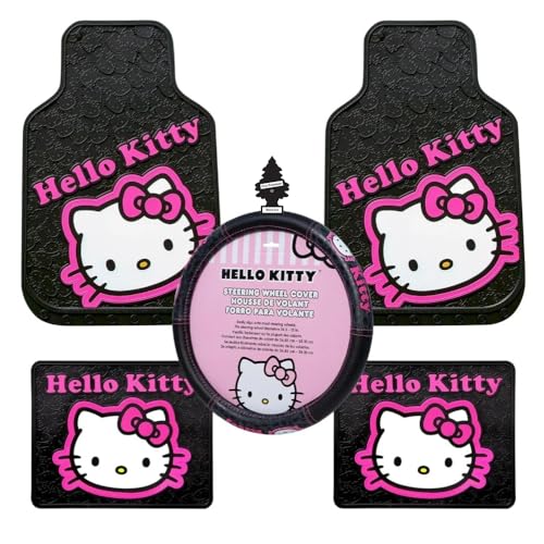 Hello Kitty Collage Design Sanrio Front & Rear Car Truck SUV Seat Rubber Floor Mats and Steering Wheel Cover Bundle Set -6 PC