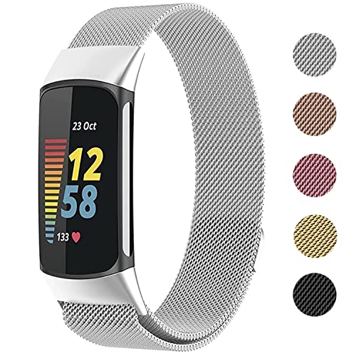 Metal Mesh Loop Bands for Fitbit Charge 5/Charge 6 Band for Women Men, Adjustable Stainless Steel Wristbands Replacement Straps for Charge 5/6 Activity Tracker（Silver-S）