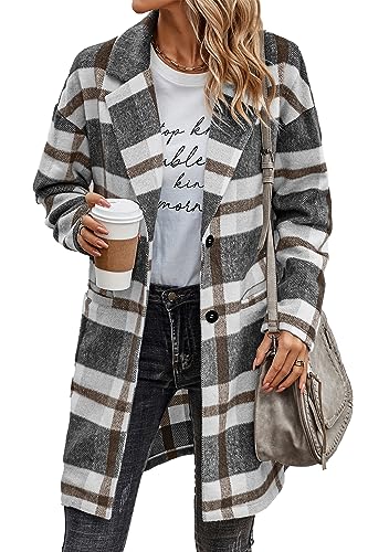 PRETTYGARDEN Women Plaid Shacket Jacket Trendy Fall Casual Button Wool Blend Tartan Trench Coat Winter Clothing with Pockets