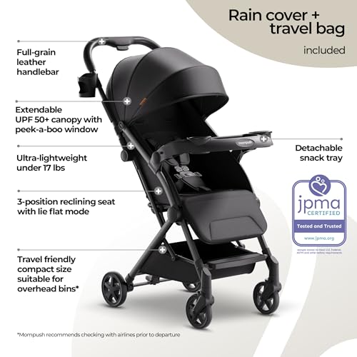 Mompush Lithe V2 Lightweight Travel Stroller, Compact Foldable Baby Stroller with Travel Bag, One-Hand Fold Stroller, Snack Tray, Mechanical Recline Seat, Airplane-Ready, UPF 50+ Canopy & Rain Cover