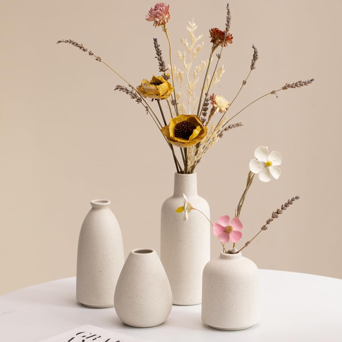 Small Ceramic Boho Vases Set of 4 for Flowers, Matt off-White Mini Bud Vases for Rustic Farmhouse Style Home Decor, Small Decorative Vases for Shelf, Table & Entryway Decor