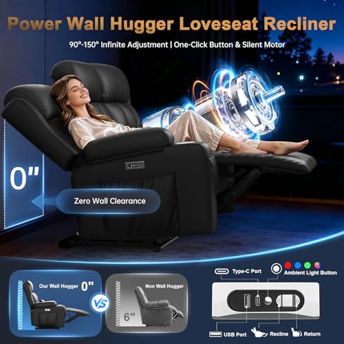 Image of Power Loveseat Recliner Sofa, Home Theater Seating with Heat Massage, Reclining Loveseats with Flip Backrest, Wall Hugger RV Couch Movie Theater Chairs, RV Furniture Sofas with USB, for Gaming Room