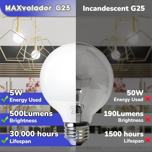 MAXvolador G25 LED Globe Light Bulb 60W Equivalent, Daylight White 5000K E26 Vanity Light Bulbs for Bathroom Makeup Mirror, Round Bulb Non-Dimmable 8-Pack by MAXvolador - Used condition - Image 6