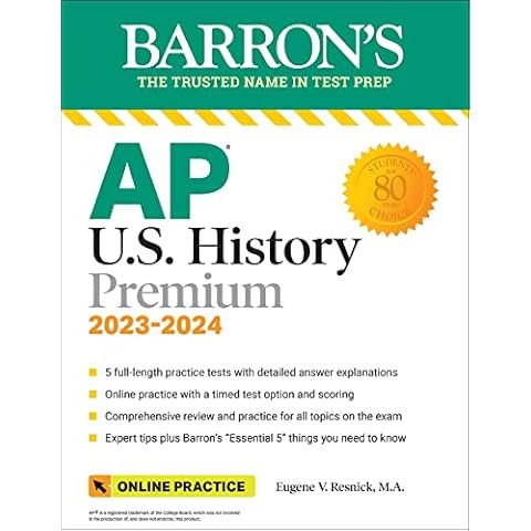 AP U.S. History Premium, 2023-2024: Comprehensive Review with 5 Practice Tests + an Online Timed Test Option (Barron's AP) Cover