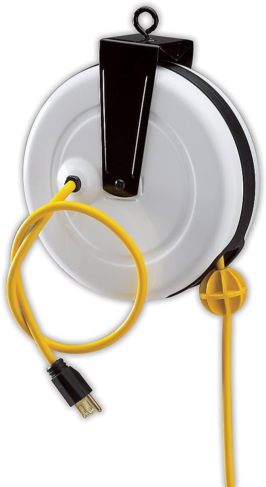 Powereel Economy Cord Reel - Cable Length 30' - 16/3 Sjt Cable - With No Receptacle - Color: White Case, Yellow Cord.