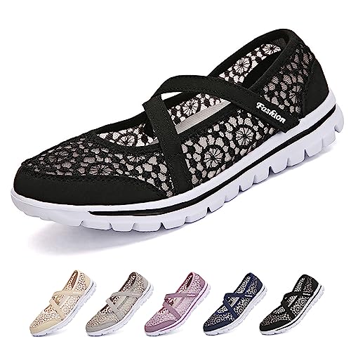 Optigard Women's Lace Mesh Adjustable Breathable Flat Walking Shoes Casual Non-Slip Lightweight Sneakers Comfortable Slip-On Shallow Mouth Mom Shoes Nurse Working Shoes Mary Jane Shoes