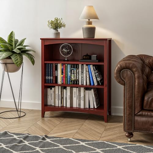 Camaflexi Shaker Style 3 Shelf Bookcase/Solid Wood / 36" High/Adjustable Shelving/Closed Back/Display Bookshelf for Living Room, Bedroom, Home and Office, Red Garnet Stain Camaflexi Shaker Style 3 Shelf Bookcase/Solid Wood / 36" High/Adjustable Shelving/Closed Back/Display Bookshelf for Living Room, Bedroom, Home and Office, Red Garnet Stain