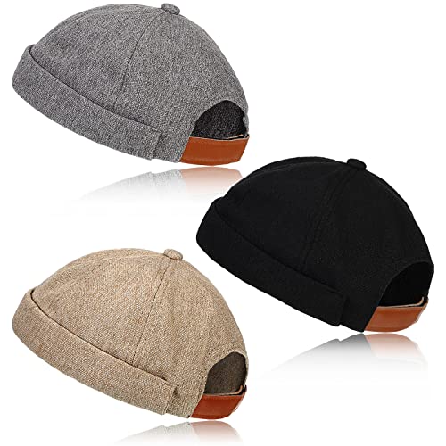 3 Pieces Brimless Hats for Men Adjustable Docker Hat Rolled Cotton Docker Caps Retro Brimless Beanie Cap Casual Sailor Skull Caps for Women Men(Cotton and Linen