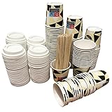 📦 100 vasos de carton de cafe 120ML +100 tapas +100 paletinas agitadoras de madera reciclable y biodegradables , medida ideal cafeteras nespresso delonghi krupps vasos de calidad premium