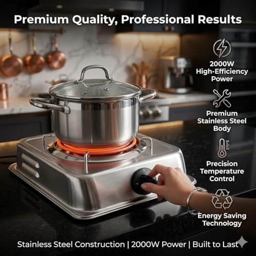 Image of Drumstone LIMITED 1 Year Warranty 2000W Jumbo Stainless Steel Electric Hot Plate - Portable Single Burner Coil Stove with Adjustable Temperature Control for Home, Kitchen & Office Use
