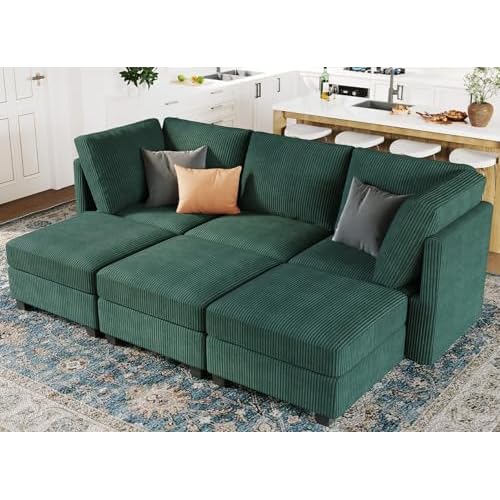 Belffin Modular Sectional Sleeper Sofa with Storage Seat 6 Seat Sectional Sleeper Sofa Bed Corduroy Sectional Couch with Reversible Chaise Green Modular Couch for Living Room 6 seat Sleeper