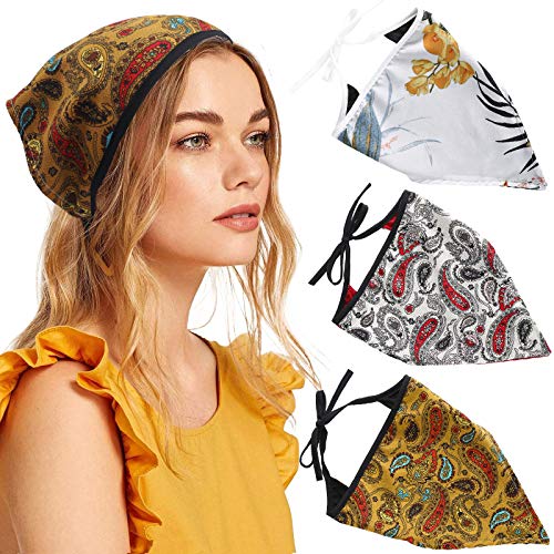 Head Kerchief Scarf Hair Bandanas - 3PCS Chiffon Hair Scarves Floral Head Bandana Hair Kerchief for Women Girls Turban Head Scarf with Tie (Cashew)