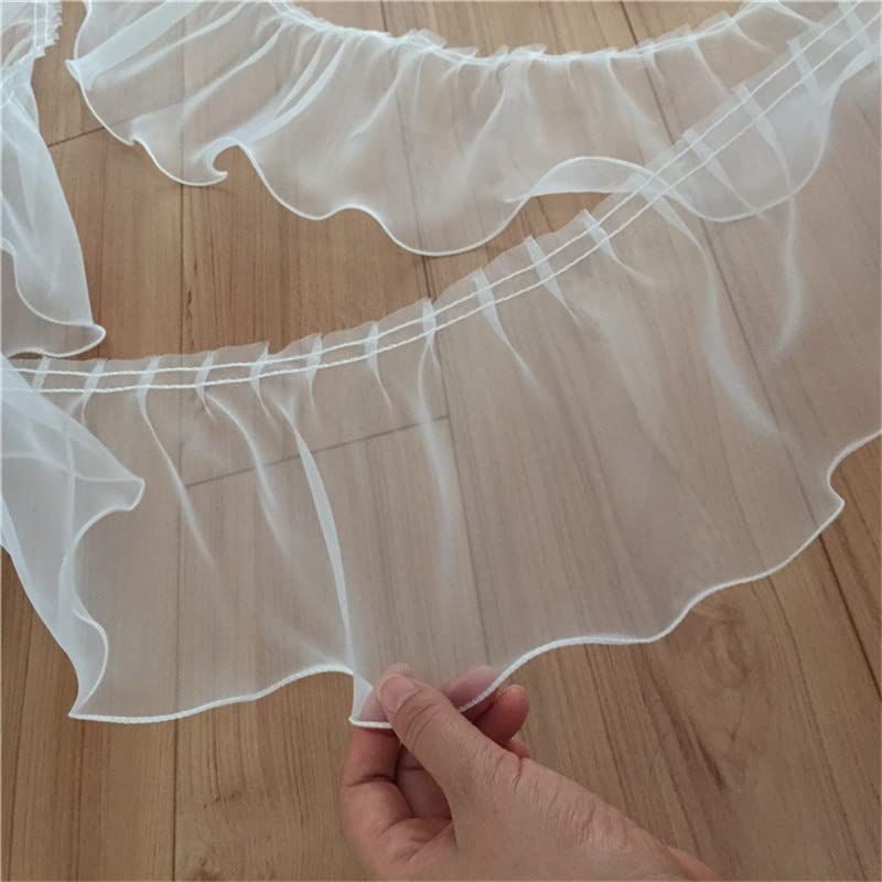 Koronkowe wykończenie, 14 cm, 1 jard, dwuwarstwowe, plisowane, tkanina organza, wykończenie falbany, koronkowe wykończenie 3D, obroża ślubna, akcesoria do szycia DIY (różowy, jednowarstwowy) (biały