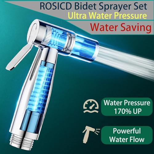 Roscid Bidet Handbrause für Toilette mit Federschlauch 2M, Handbrause Bad Bidet mit 3 Wege Wasserhahn und 2M Schlauch für Reinigung Spüle, Badezimmer Ecke, Toilette, WC, Persönliche(Argent)
