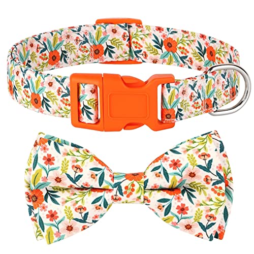 Didog Floral Dog Collar With Bow, Cute Girl Dog Collars With Detachable Bowtie, Soft & Comfy Spring Summer Dog Collar For Small Medium Large Dogs Gift Holiday, Orange, S #TOP16