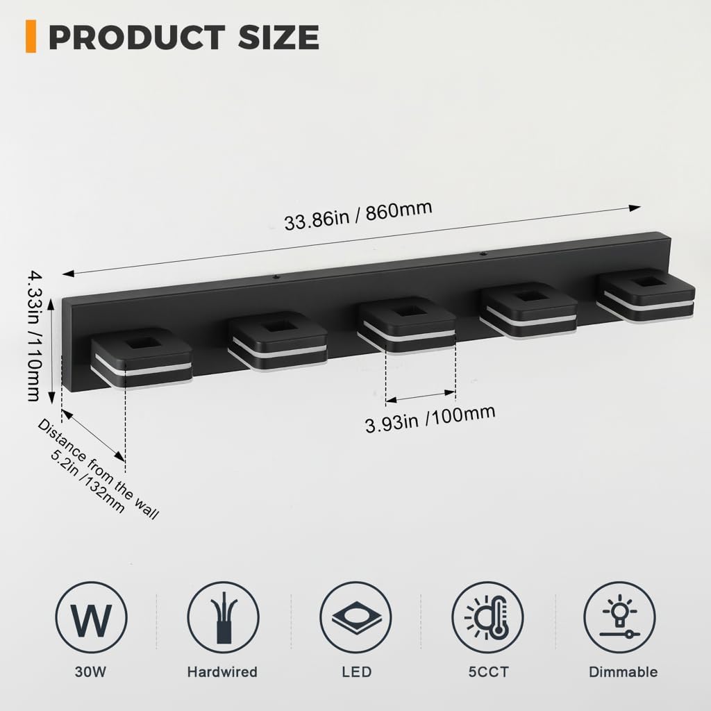Modern Bathroom Vanity Light Fixture, 34" 5-Light Dimmable LED Wall Sconce Over Mirror, Matte Black Acrylic Vanity Lights for Bathroom, 5CCT Adjustable, Indoor Use